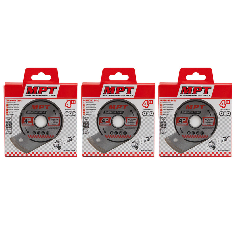 3x MPT Diamond Discs 100mm x16mm Continuous Tile Cutting Blade Wheels