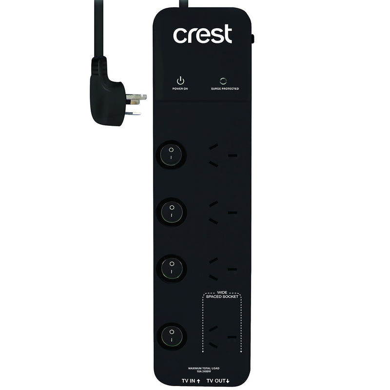 Crest Power Board 4 Outlet Wide Socket Switched Black Surge Protected