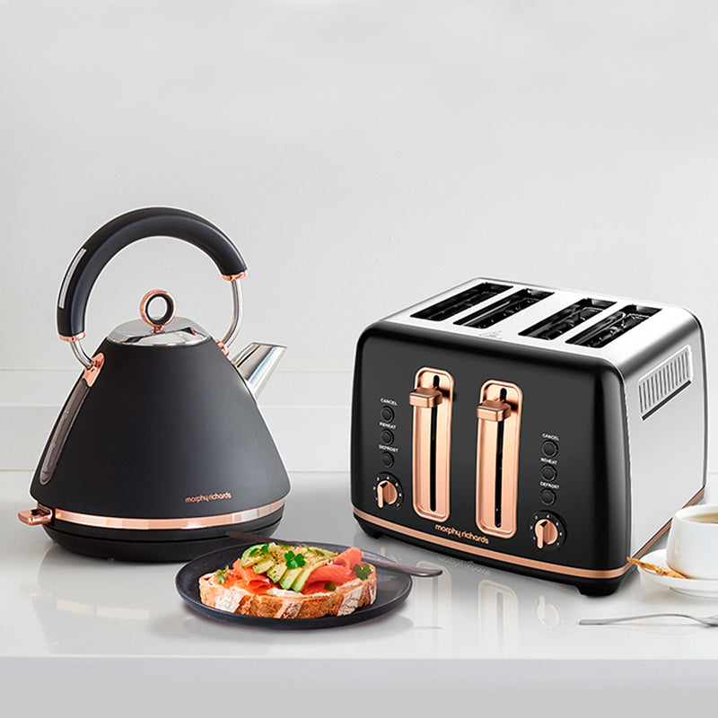 Morphy Richards Black Rose Gold 1.5L Pyramid Kettle and 4 Slice Toaster