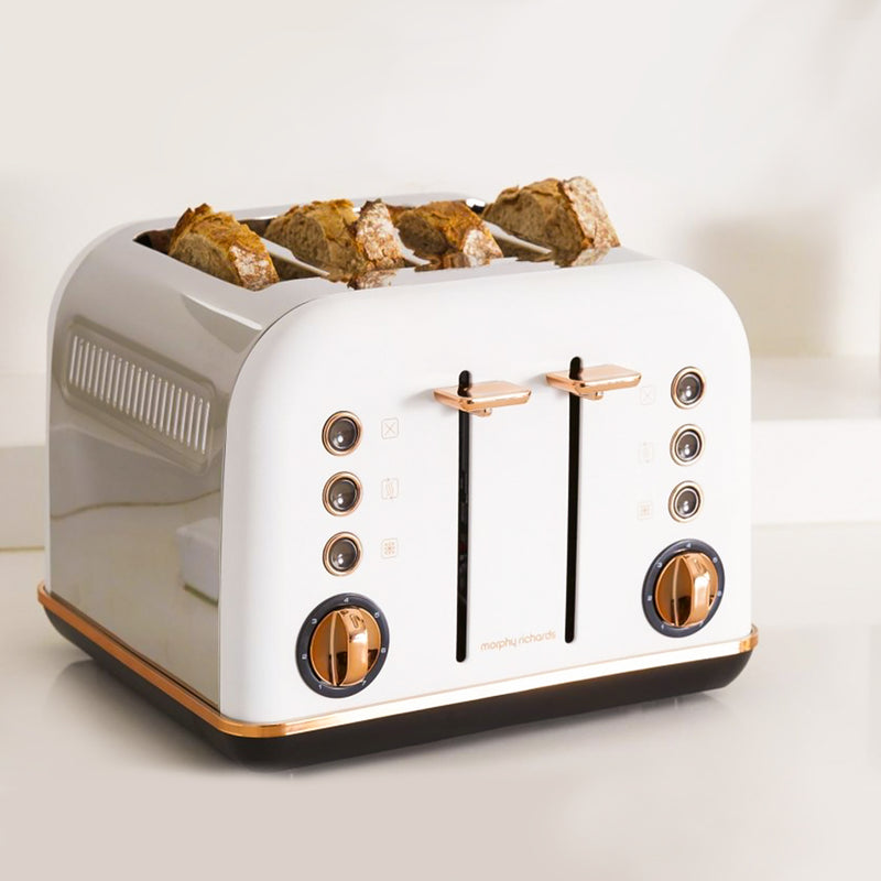 Morphy Richards White Accents Rose Gold 4 Slice Toaster Removable Tray Stainless