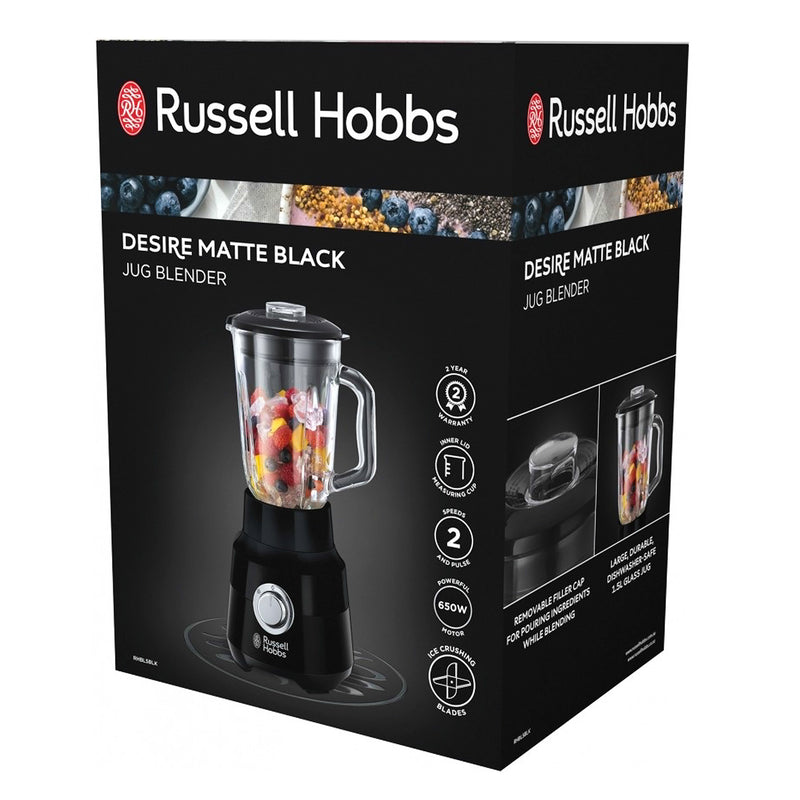Russell Hobbs Large Blender Mixer 650W & Glass 1.5L Jug Desire Black Ice Crusher